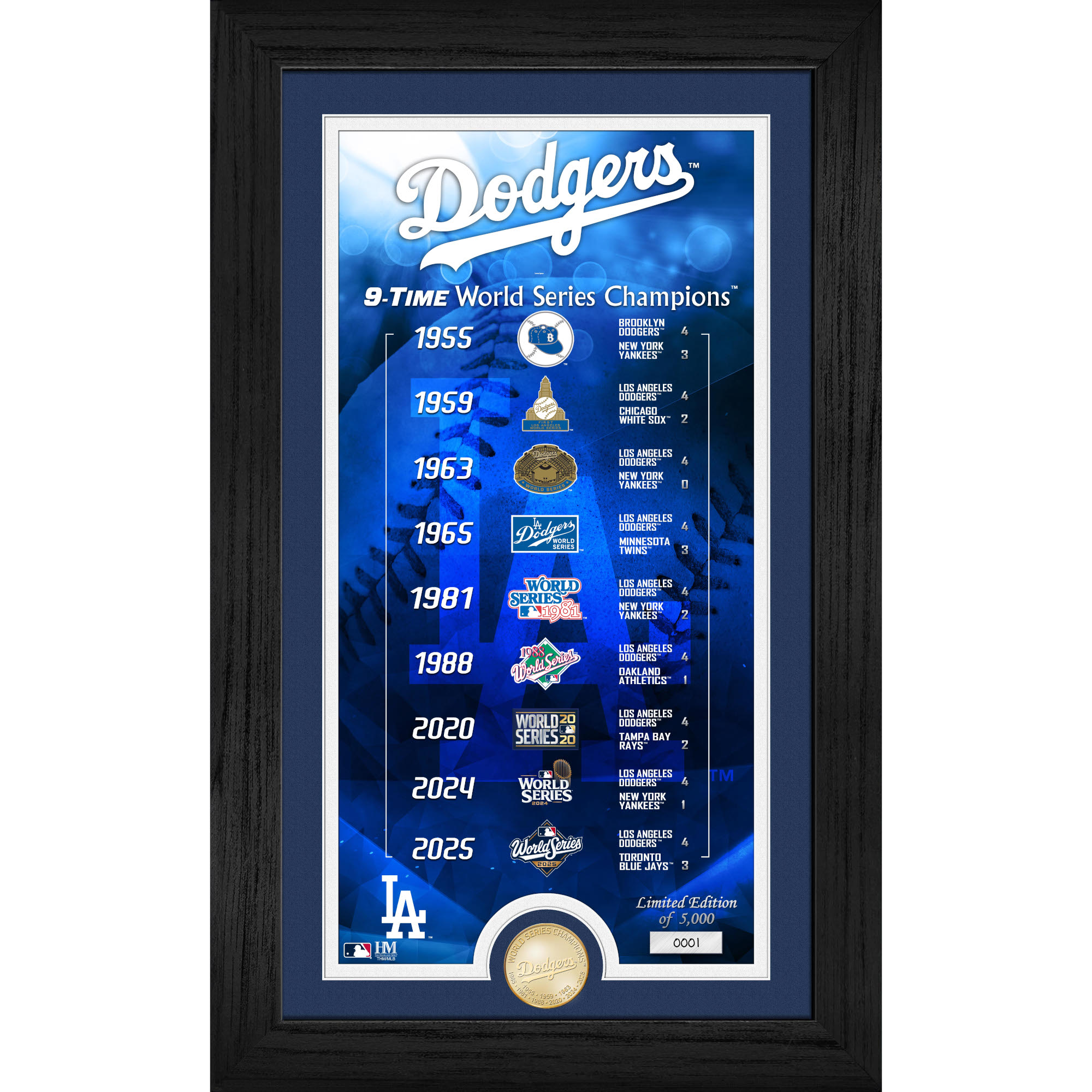 Los Angeles Dodgers 9x World Series Champions Legacy Bronze Coin 12" x 20" Photo Mint