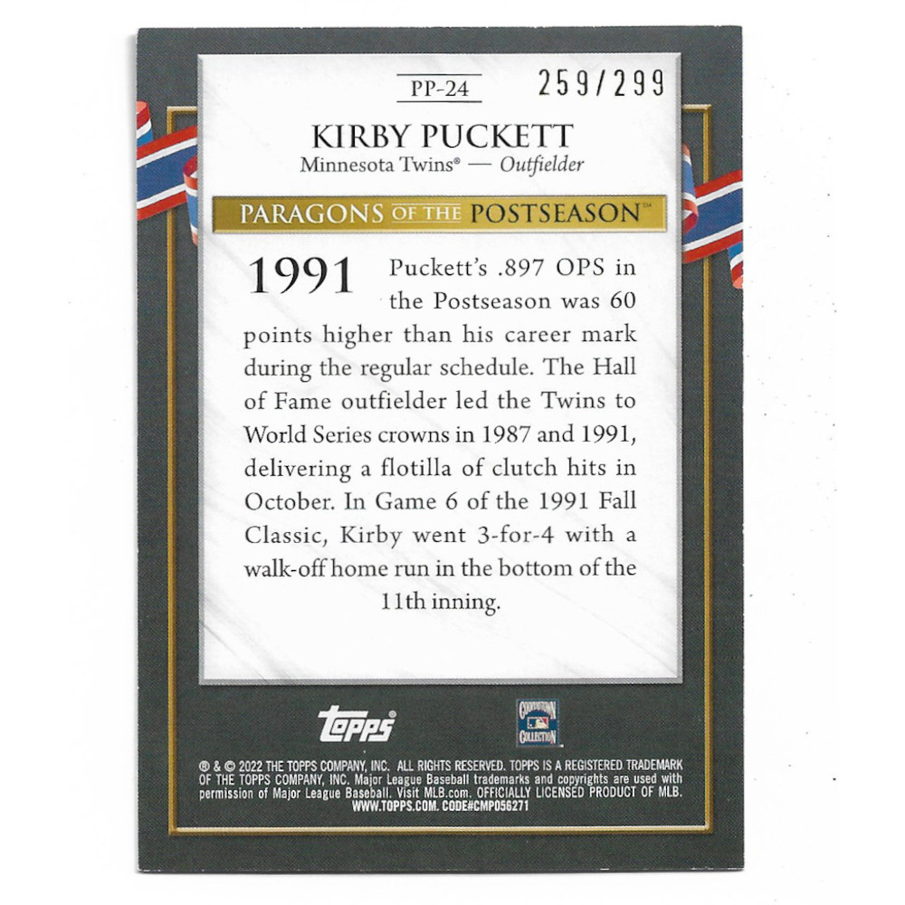 Kirby Puckett 2022 Topps Paragons of the Postseason Gold # 24 Ltd Ed of 299