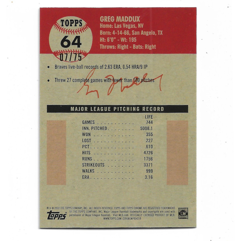 Greg Maddux 2022 Topps Chrome Platinum Anniversary Toile Cream Rose Gold Refractor # 64 Ltd Ed of 75