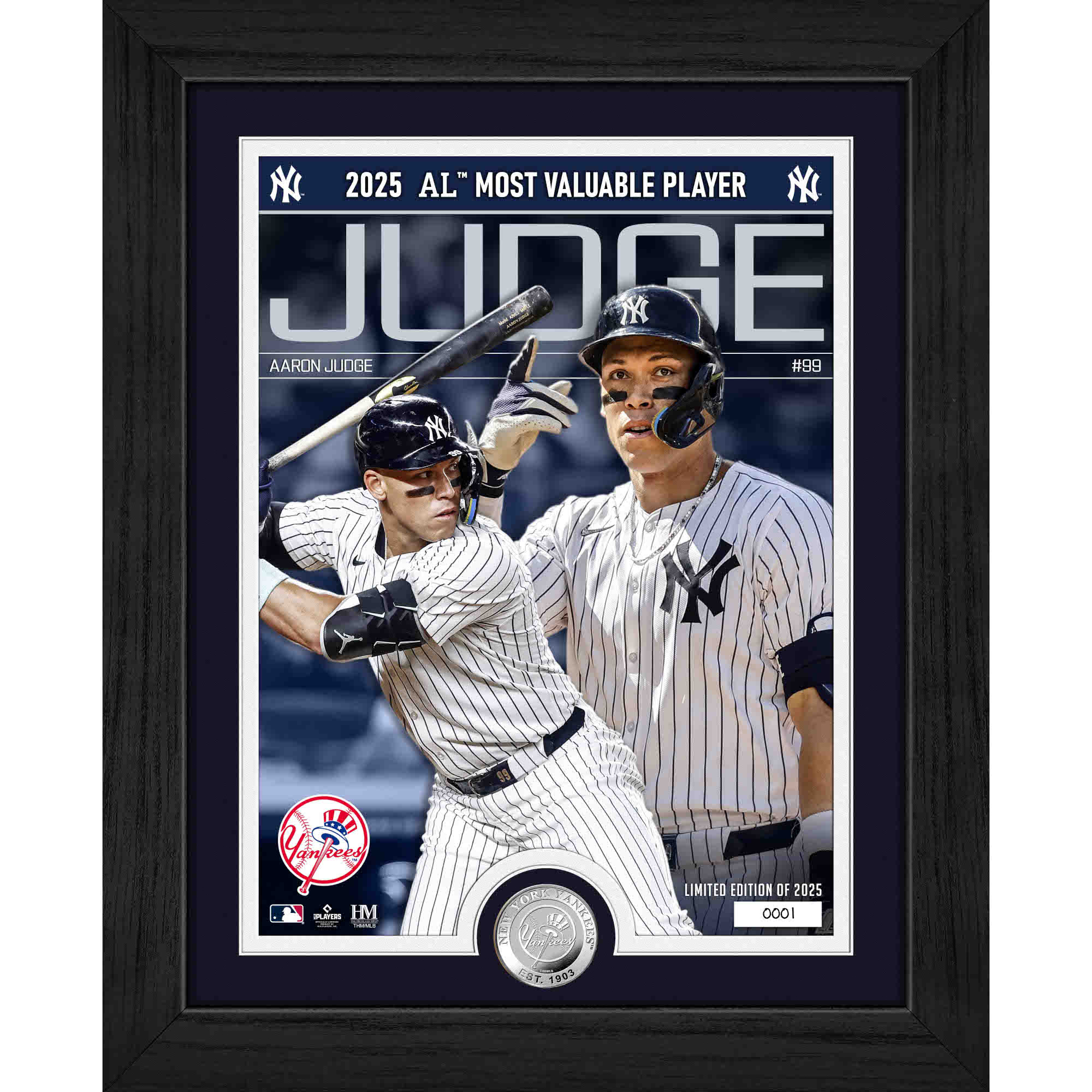 Aaron Judge Highland Mint 2025 AL MVP Award Commemorative 13 x 16 Bronze Coin Photo Mint