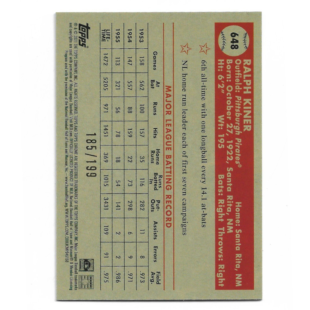 Ralph Kiner 2021 Topps Chrome Platinum Anniversary Blue Mini Diamond # 648 Ltd Ed of 199