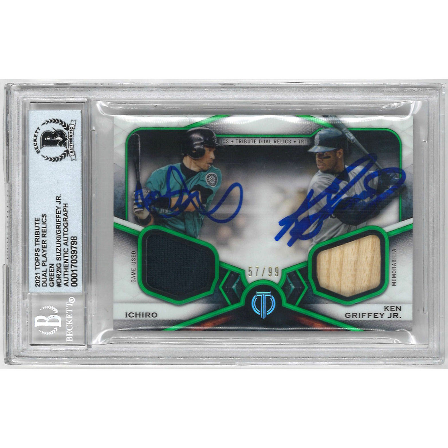 Ken Griffey Jr. and Ichiro Suzuki Autographed Card 2021 Topps Tribute Duel Player Relics Green # DR2-IG Ltd Ed of 99 (Beckett)