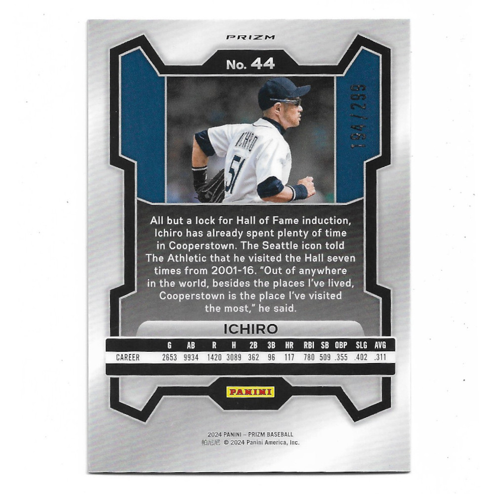 Ichiro Suzuki 2024 Panini Prizm Red Holo # 44 Ltd Ed of 299