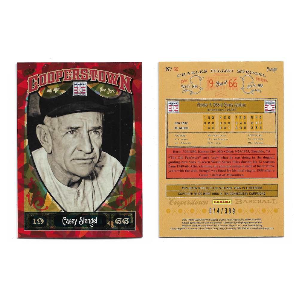 Casey Stengel 2013 Panini Cooperstown Red Crystal Collection # 62 Baseball Card Ltd Ed of 399
