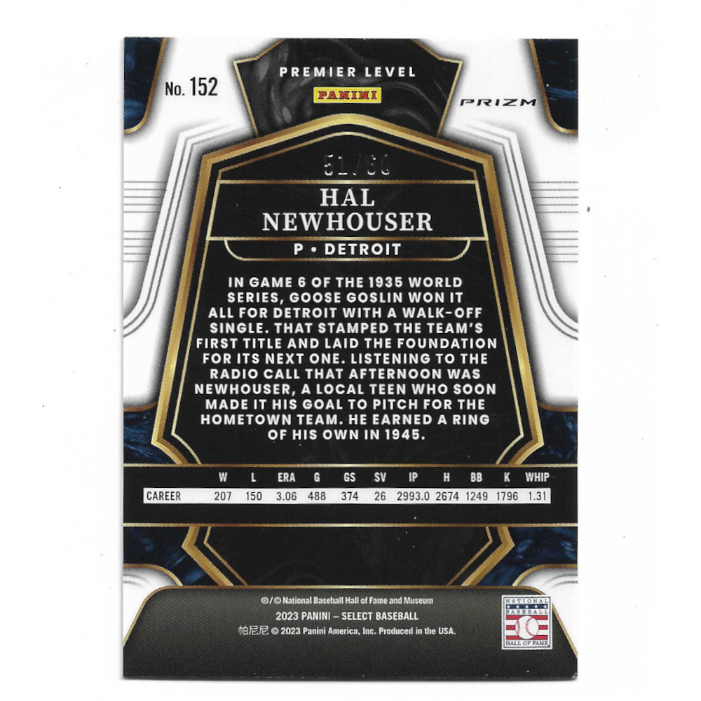 Hal Newhouser 2023 Panini Select Green, White and Purple Holo # 152 Ltd Ed of 60