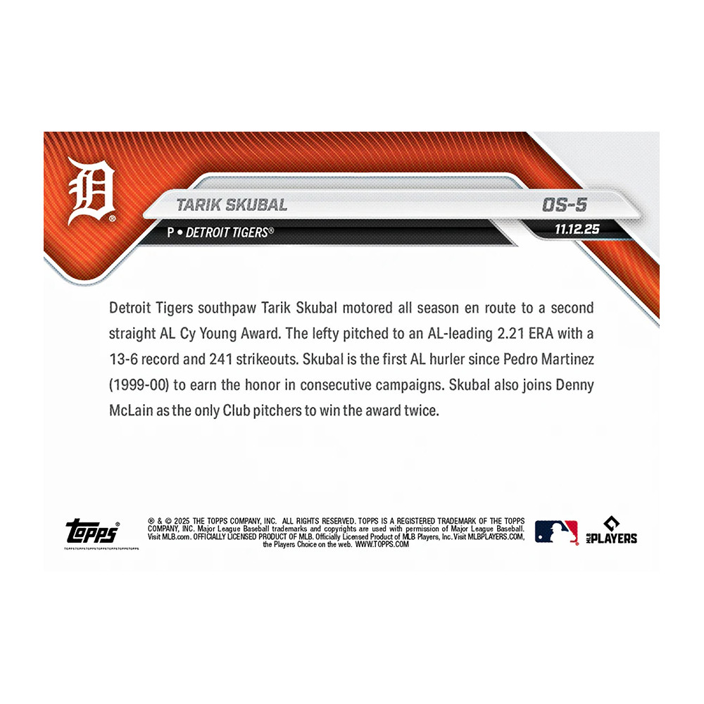 Tarik Skubal AL Cy Young Winner 2025 Topps Now Card # OS-5