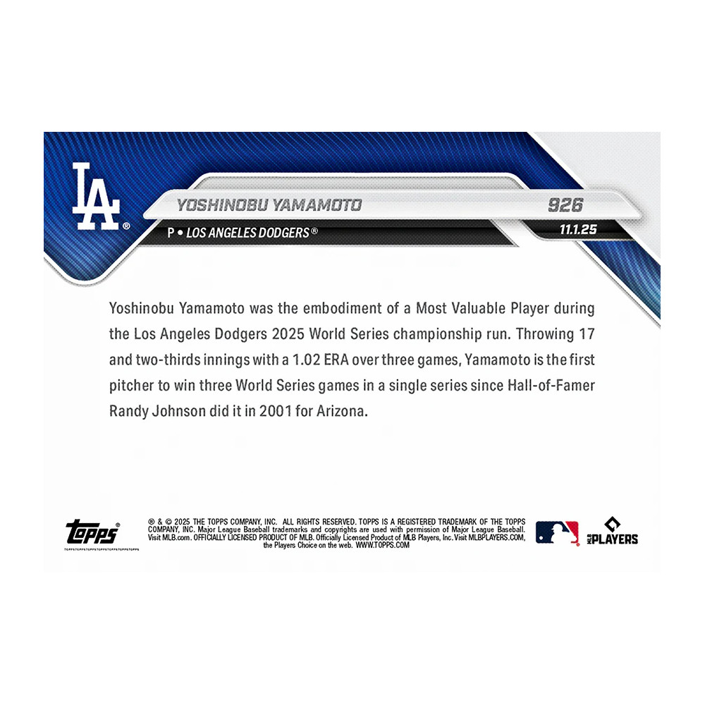 Yoshinobu Yamamoto 2025 World Series MVP Winner 2025 Topps Now Card # 926
