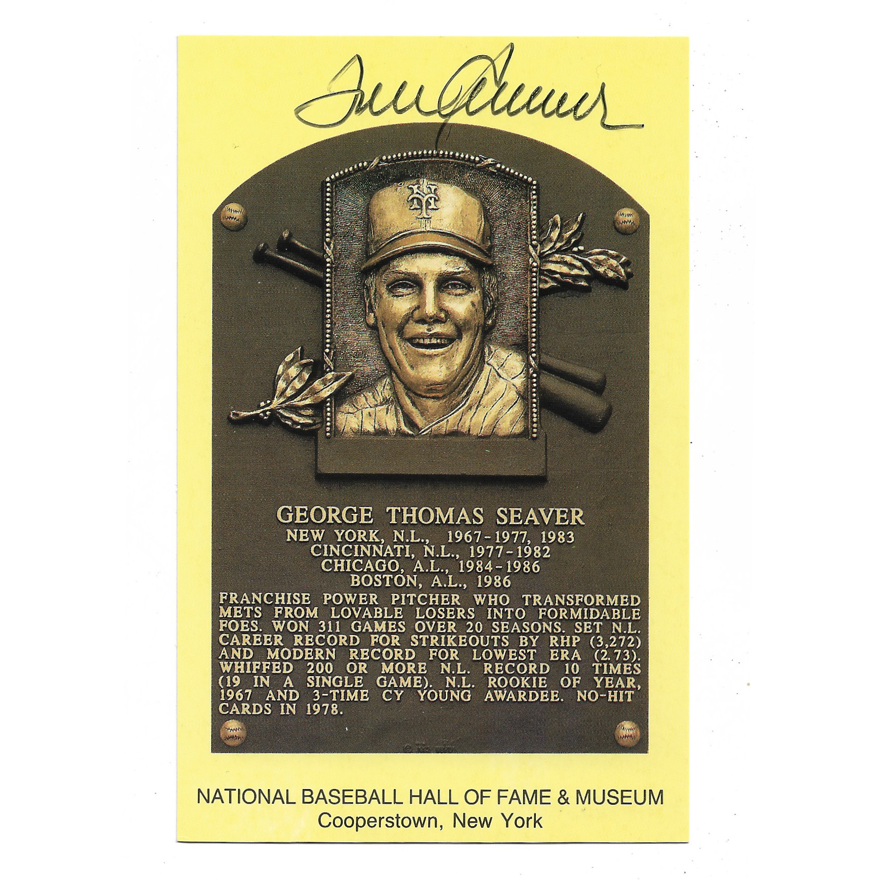 Tom Seaver Autographed Hall of Fame Plaque Postcard (JSA-39)
