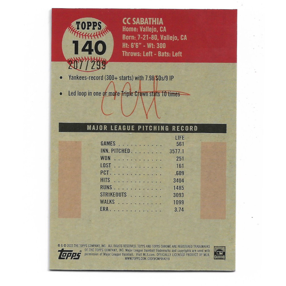 CC Sabathia 2022 Topps Chrome Platinum Anniversary Green Wave Refractor # 140 Ltd Ed of 299