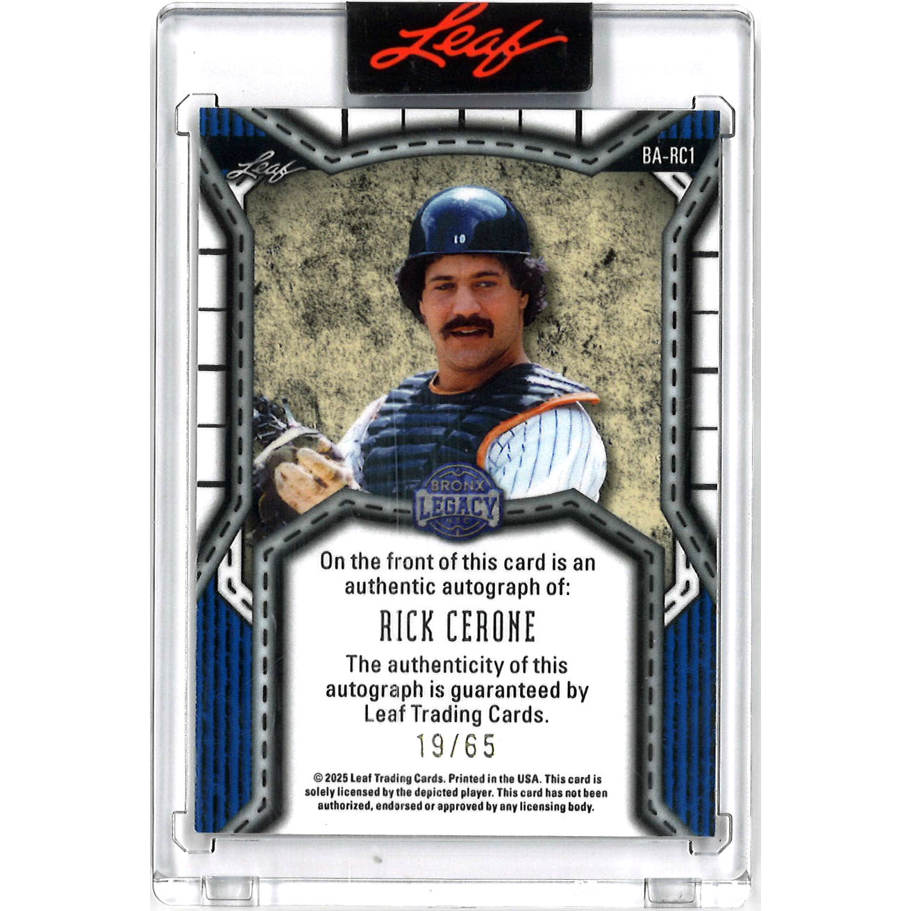 Rick Cerone Autographed Card 2025 Leaf Bronx Legacy # BA-RC1 Ltd Ed of 65