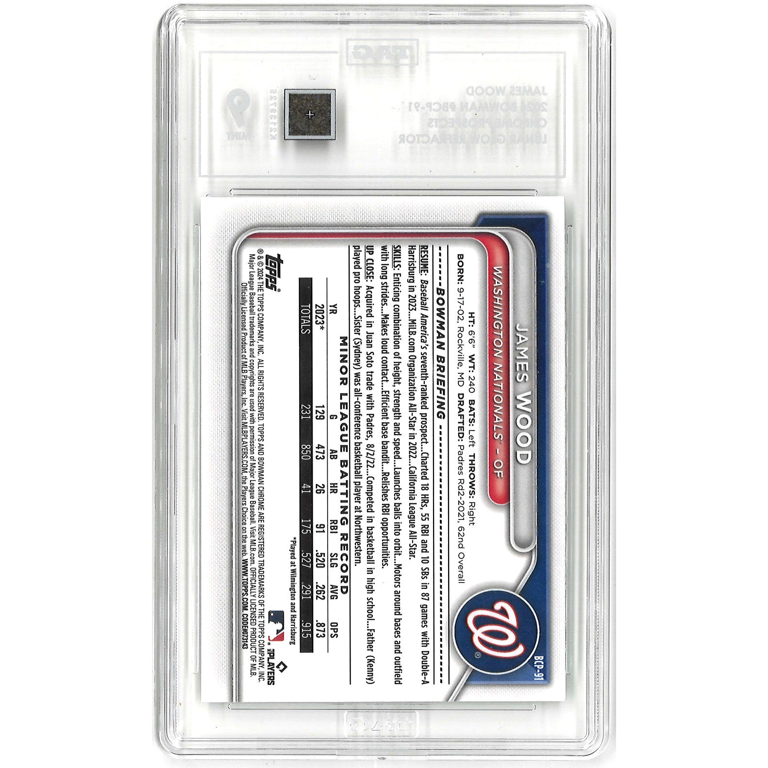 James Wood 2024 Bowman Chrome Prospects Lunar Refractor # BCP-91 Pre-Rookie Card TAG 9