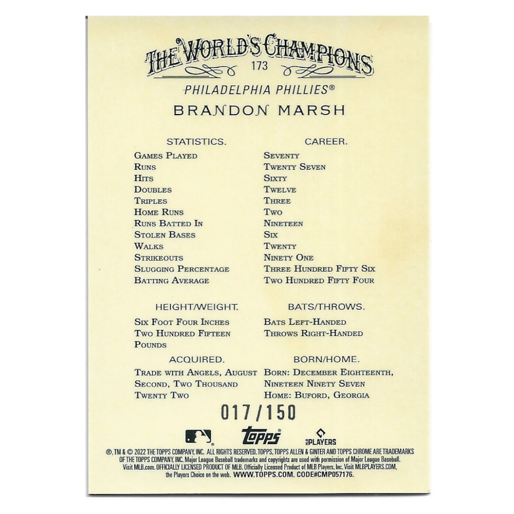 Brandon Marsh Philadelphia Phillies 2022 Topps Allen & Ginter Chrome Blue Refractor # 173 Rookie Card Ltd Ed of 150