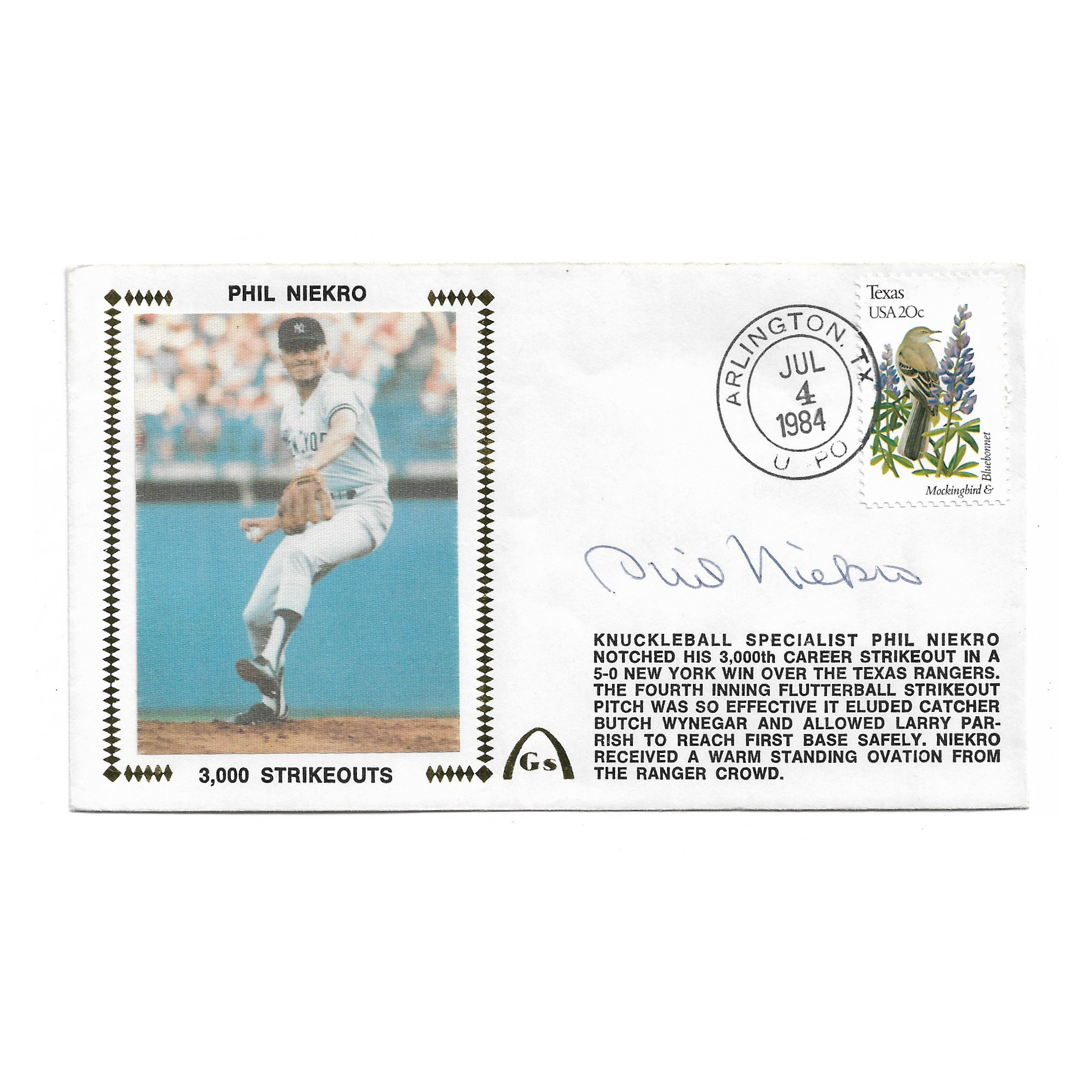 Phil Niekro Autographed First Day Cover - 1984 3,000 Strikeouts (JSA)