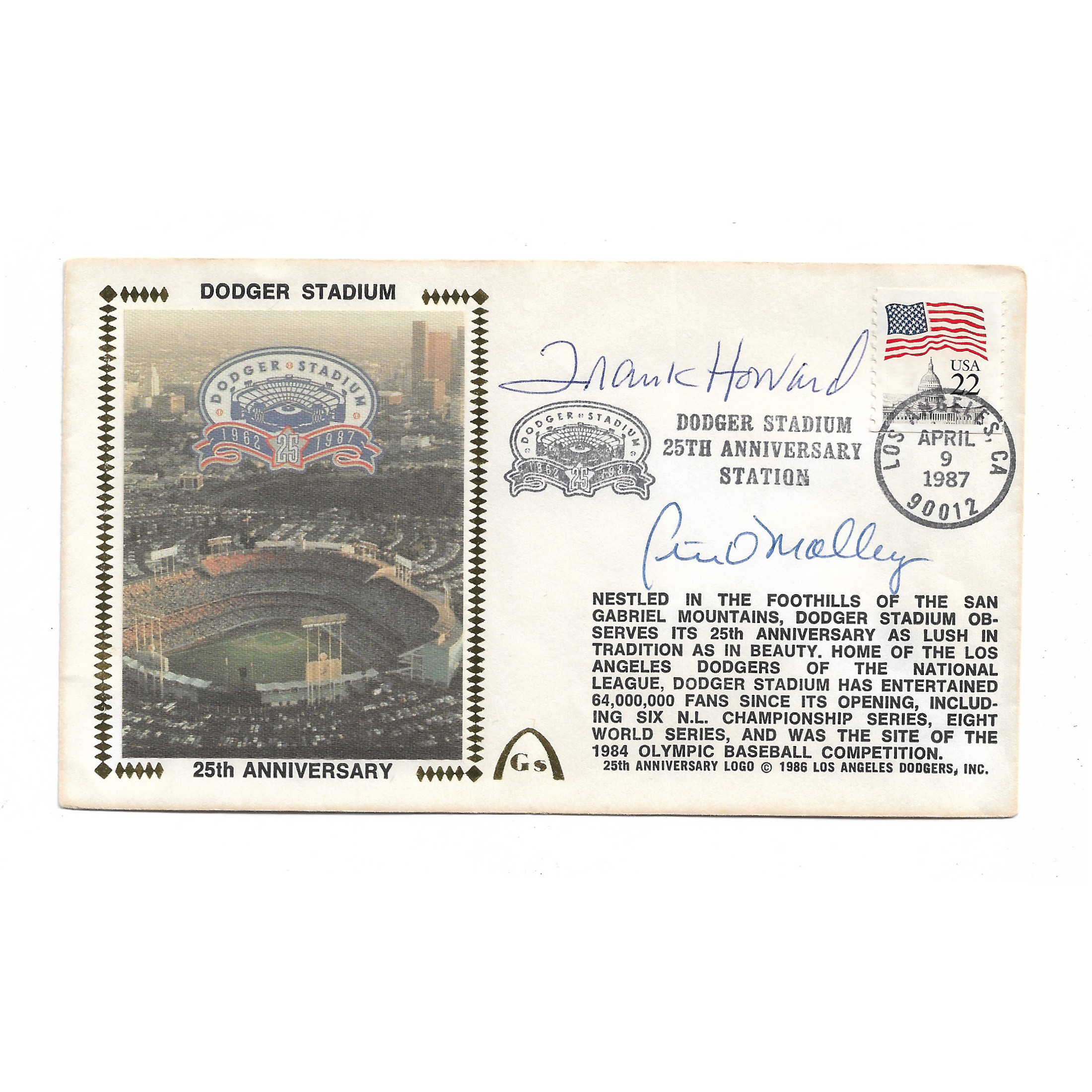 Peter O'Malley and Frank Howard Autographed First Day Cover - 1987 Dodgers Stadium 25th Anniversary (JSA)