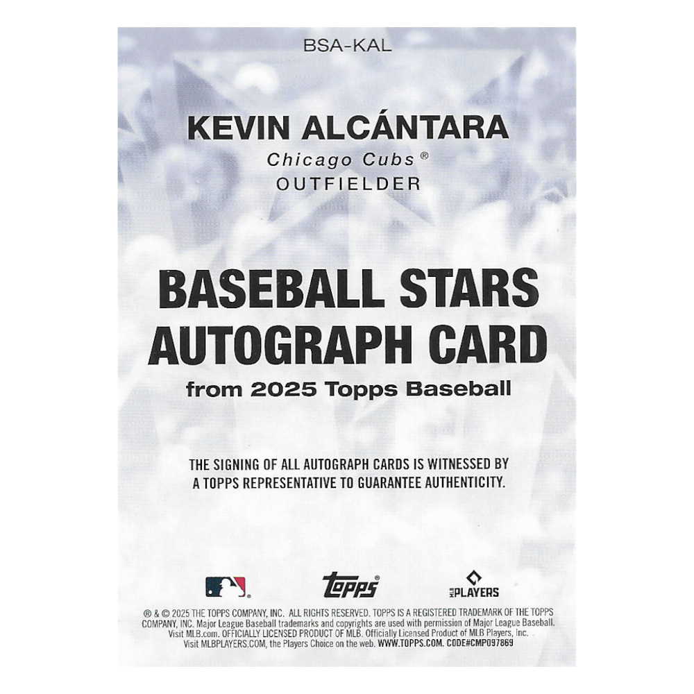 Kevin Alcantara Autographed Card 2025 Topps Baseball Stars # BSA-KAL Rookie Card