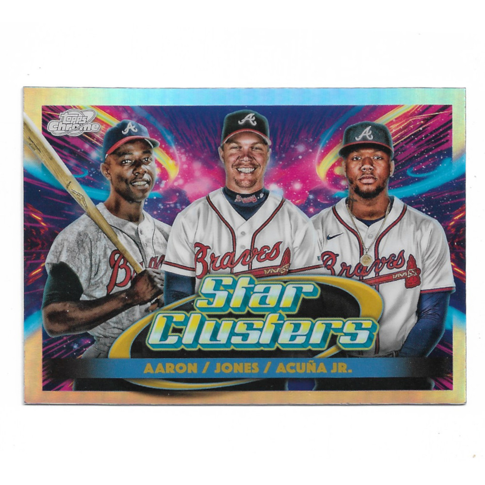Hank Aaron, Chipper Jones and Ronald Acuna Jr. 2025 Topps Cosmic Chrome Star Clusters # 7