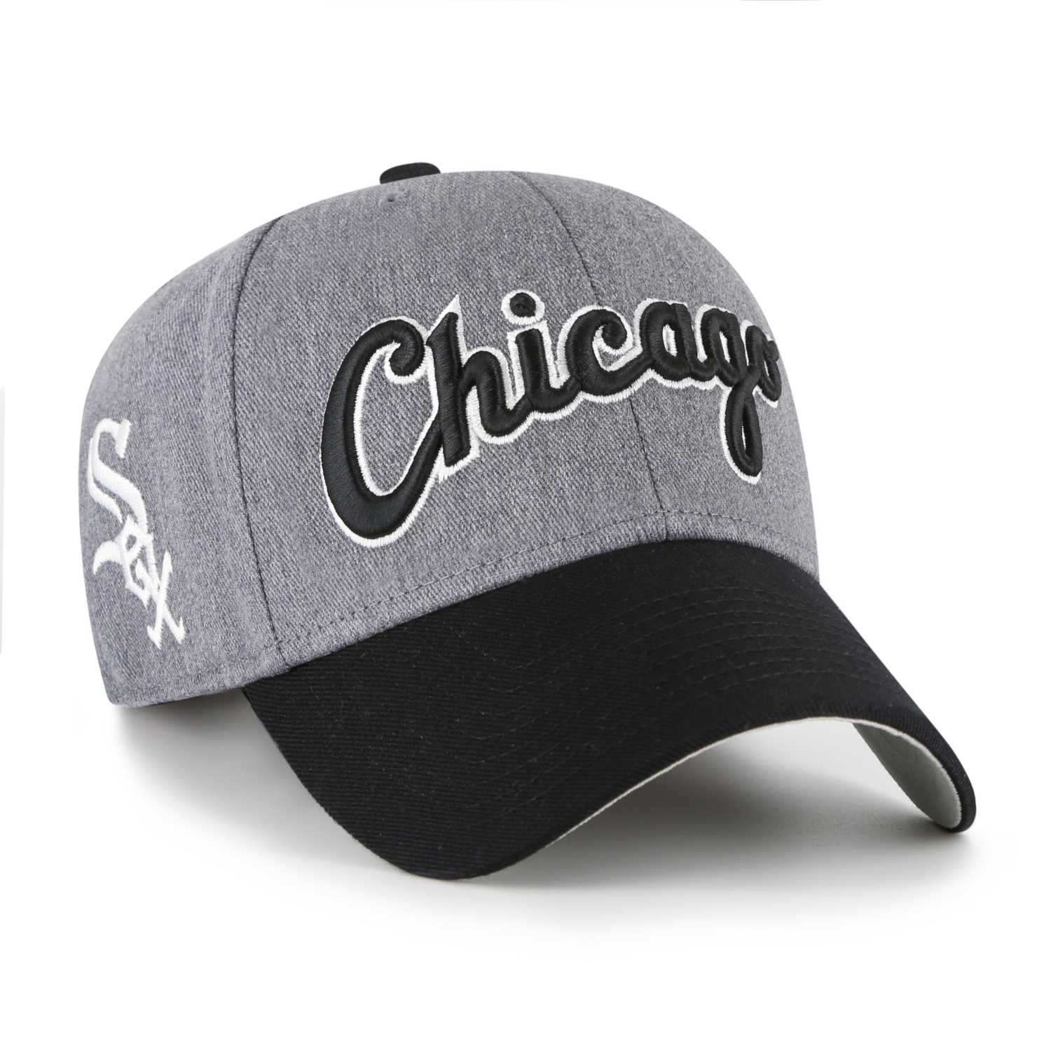Men’s ’47 Brand Chicago White Sox Granite Script Dark Grey Heather and Black Adjustable Snapback Cap