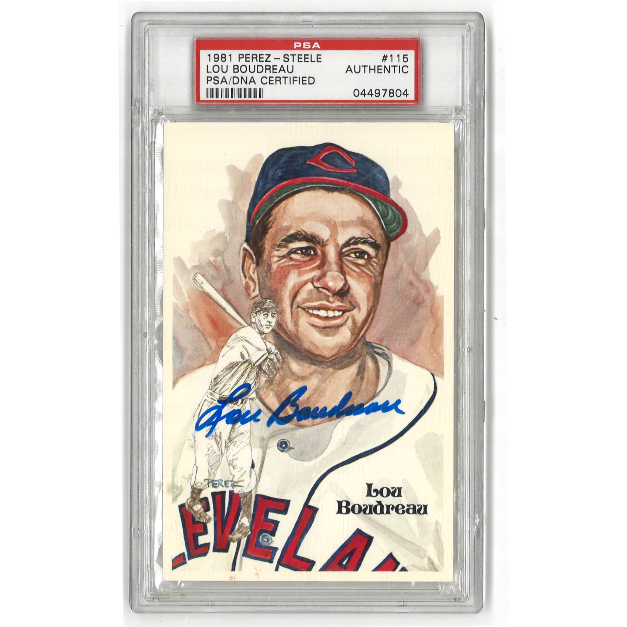 Lou Boudreau Autographed Perez-Steele HOF Series Postcard # 115 (PSA-04)