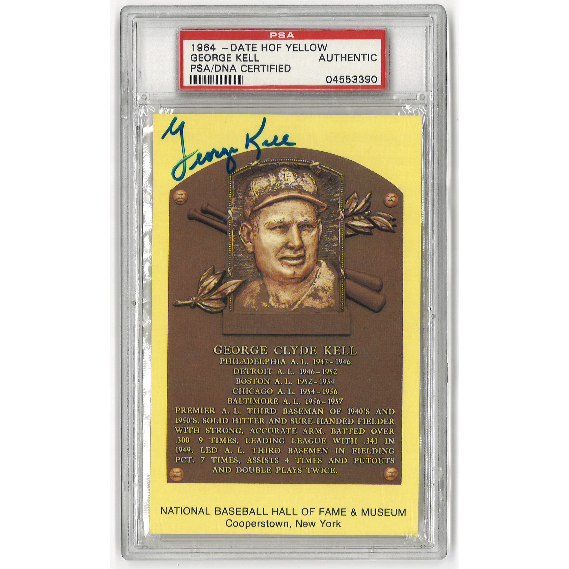 George Kell Autographed Hall of Fame Plaque Postcard (PSA-90)