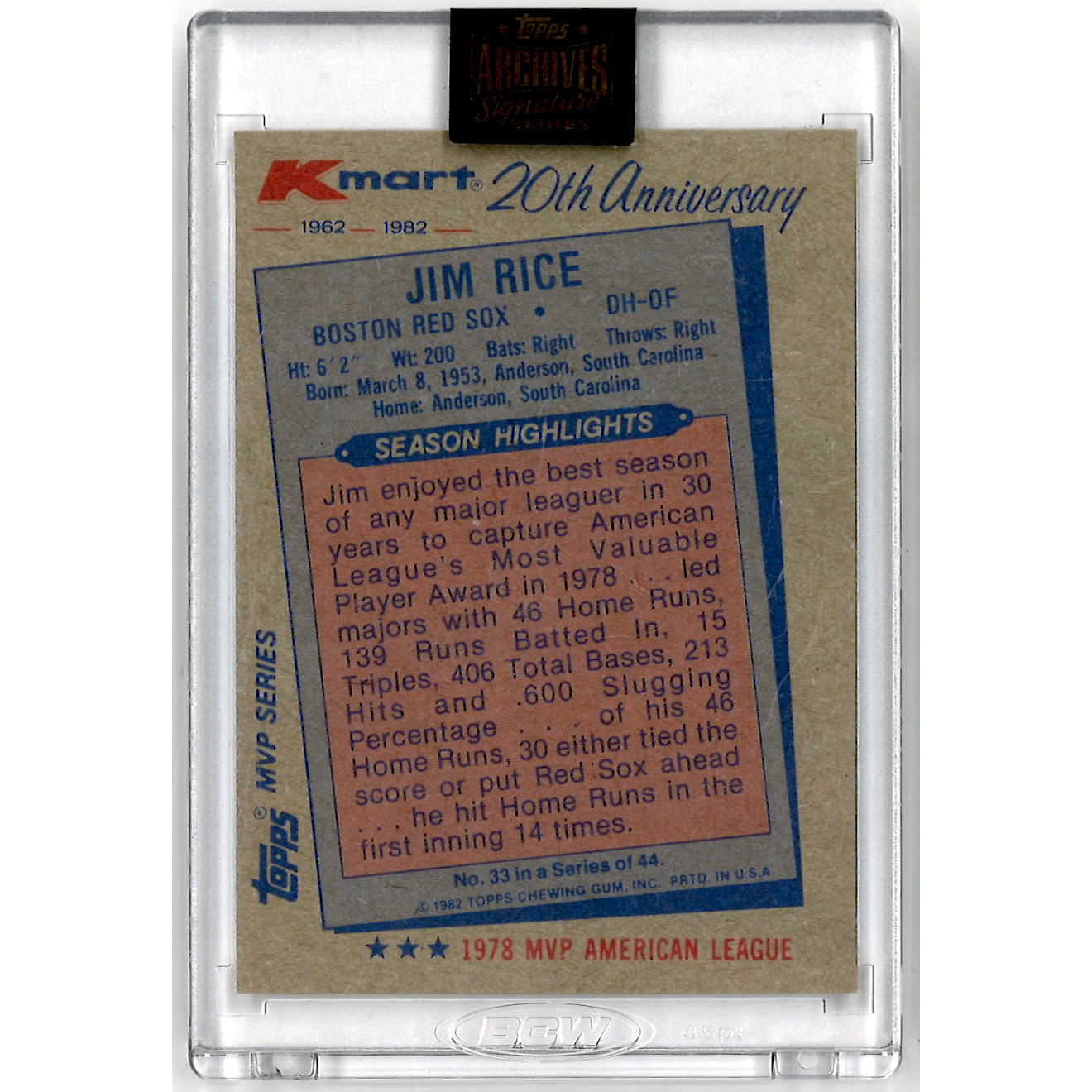 Jim Rice Autographed Card 2021 Topps Archives Signature Series # 33 Ltd Ed of 41