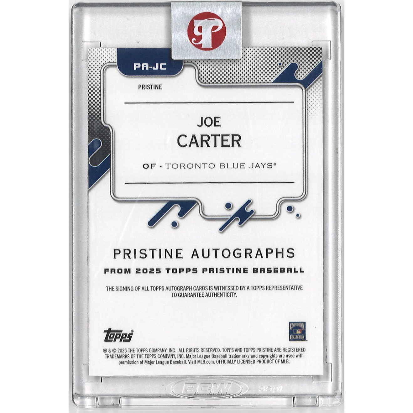 Joe Carter Autographed Card 2025 Topps Pristine # PR-JC