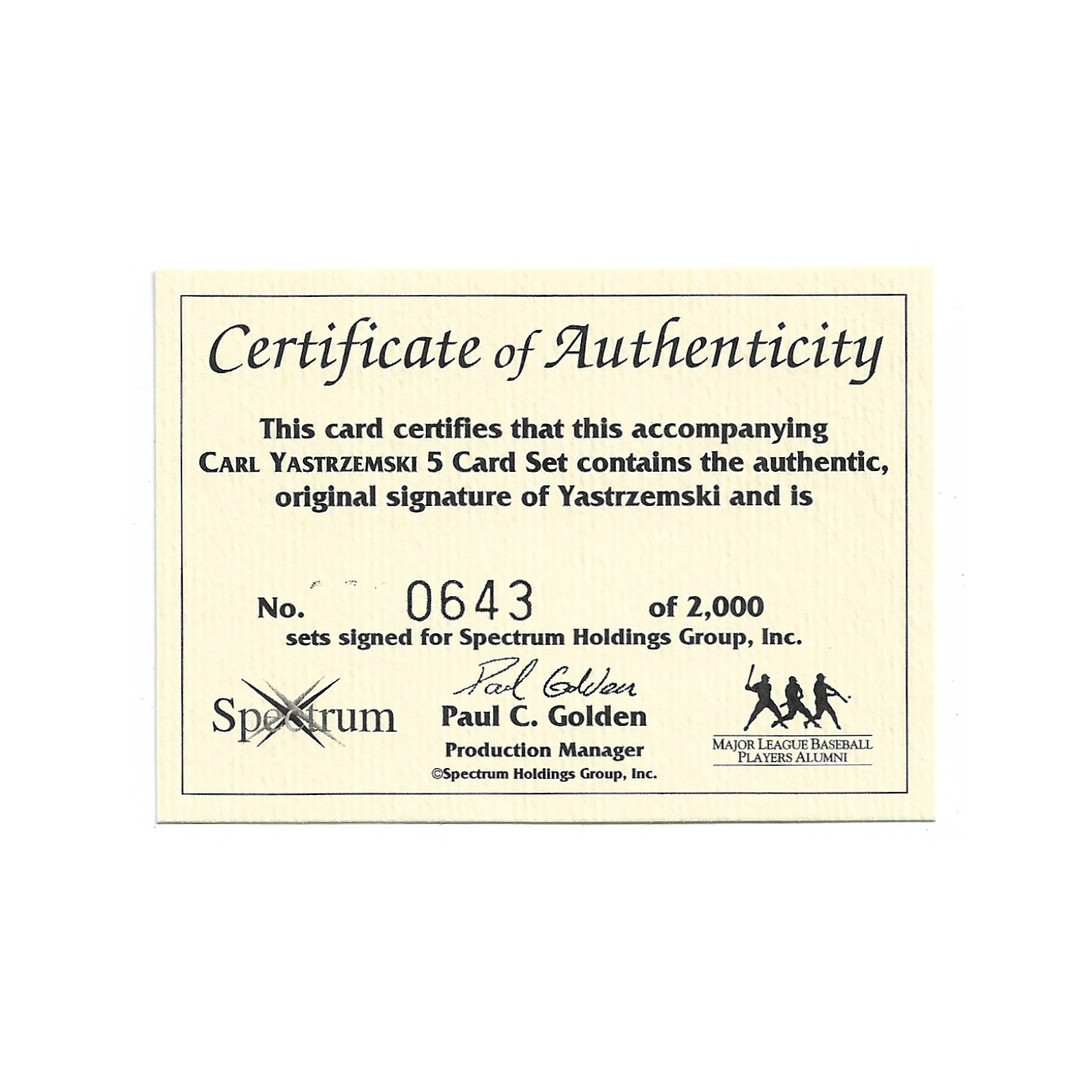 Carl Yastrzemski Autographed Card 1993 Front Row The All-Time Great Series - Set of 5 Cards