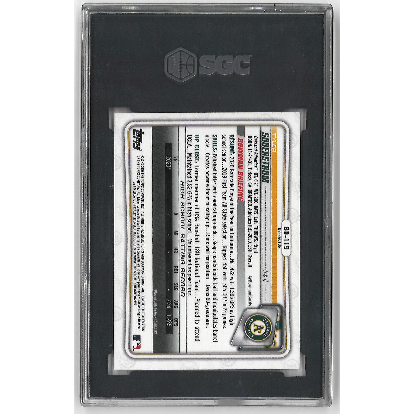 Tyler Soderstrom 2024 Bowman Chrome Draft Refractor # BD-119 Pre-Rookie Card SGC 10