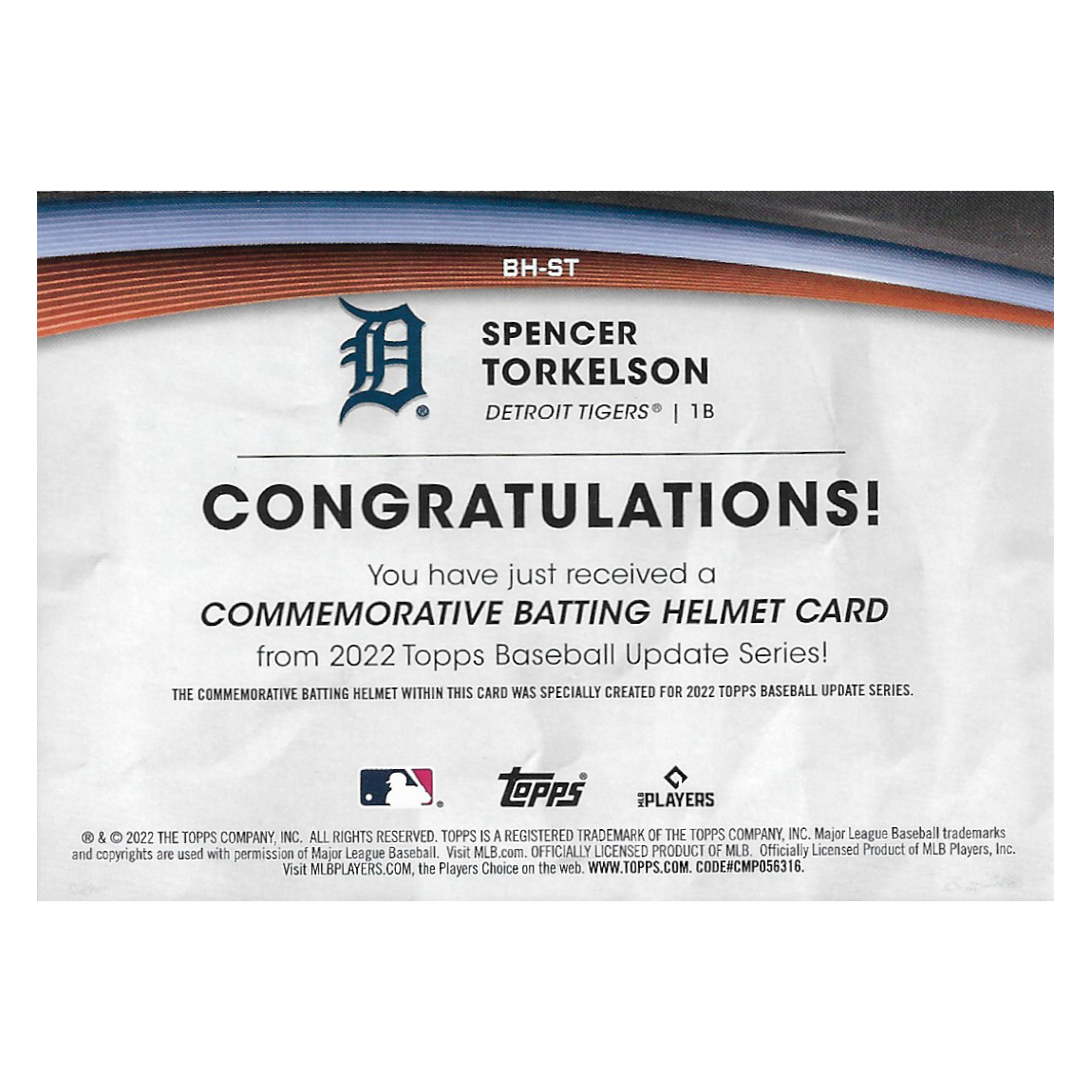 Spencer Torkelson Detroit Tigers 2022 Topps Commemorative Batting Helmet # BH-ST Rookie Card
