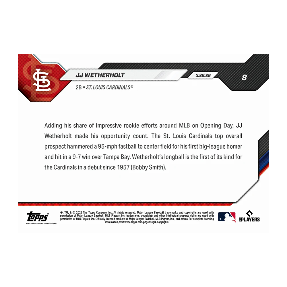 JJ Wetherholt St. Louis Cardinals 2026 Topps Now Opening Day # 8 Rookie Card