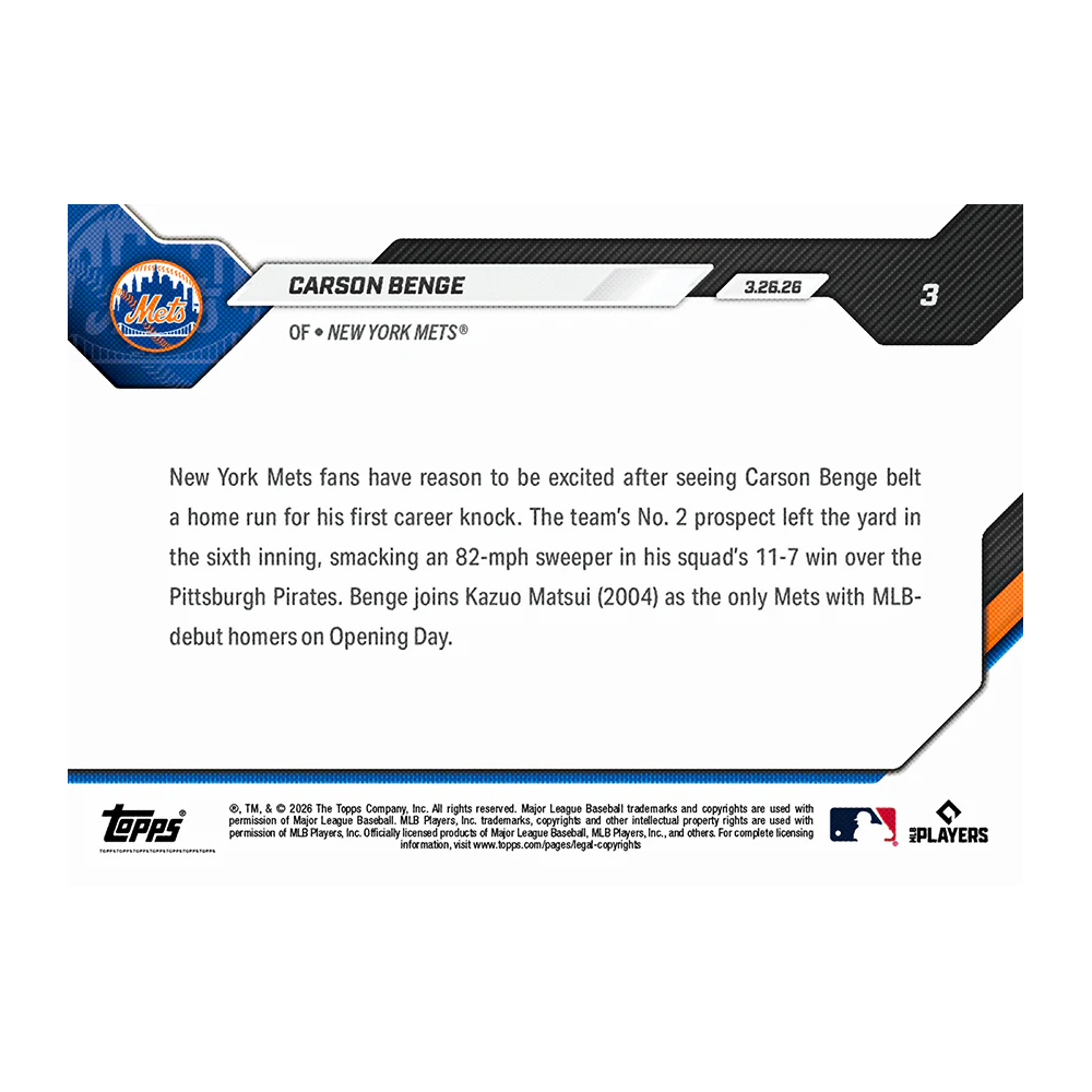 Carson Benge New York Mets 2026 Topps Now Opening Day # 3 Rookie Card