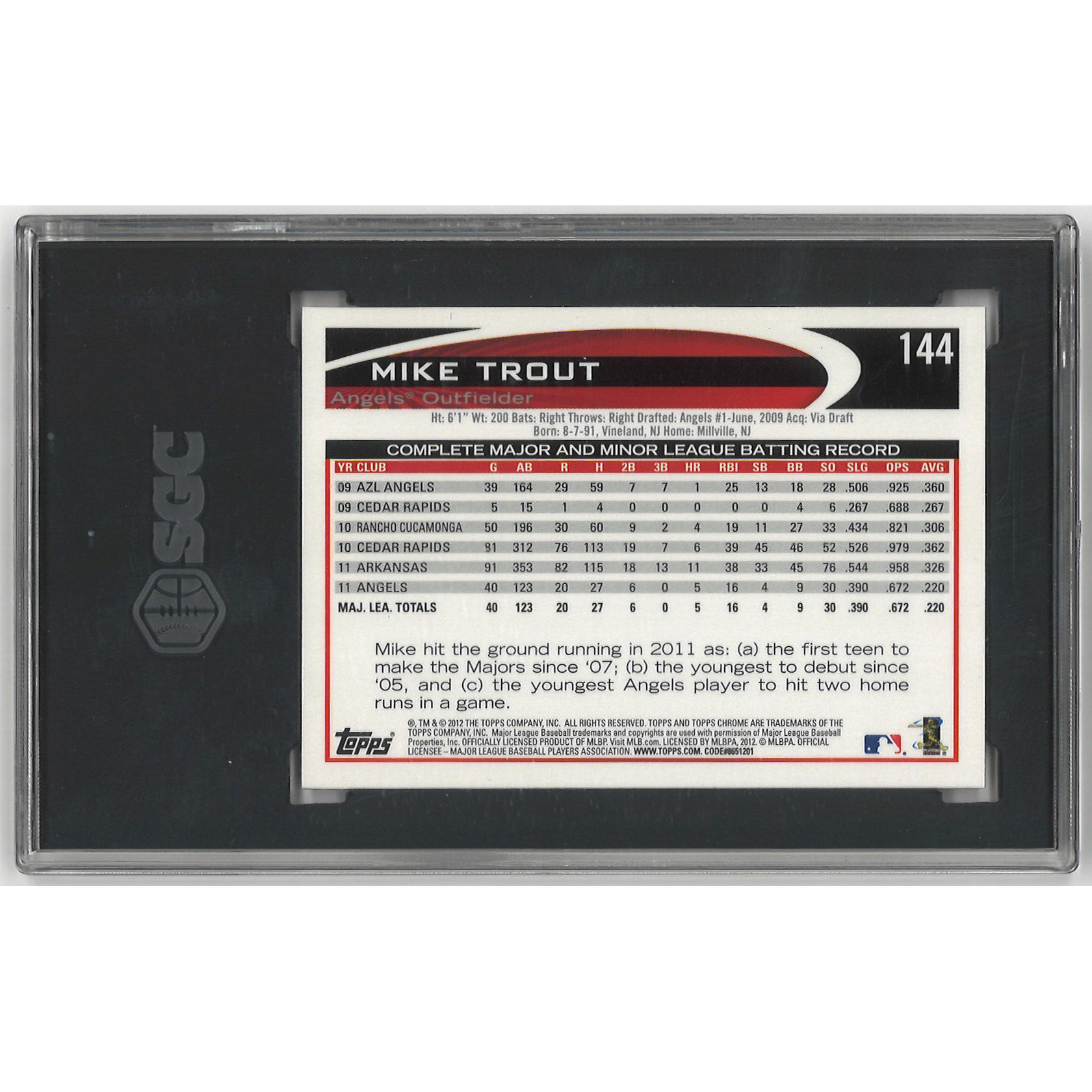 Mike Trout 2011 Topps Chrome # 144 SGC 9