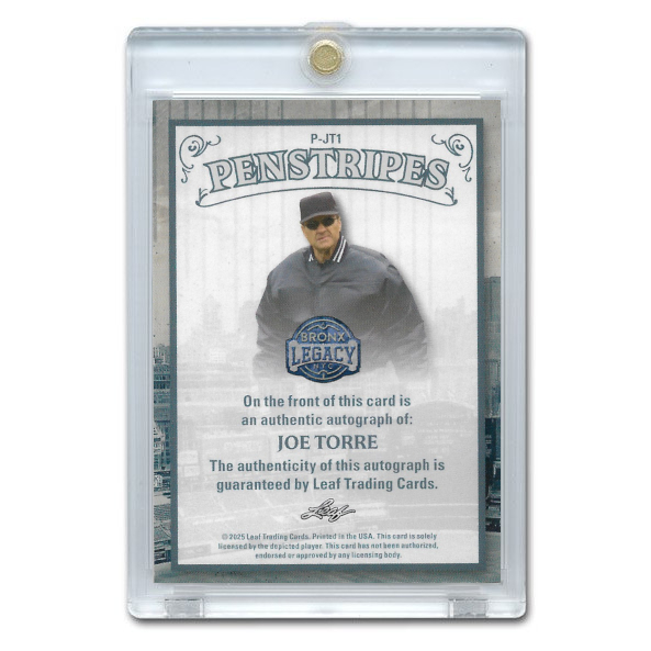 Joe Torre Autographed Card 2025 Leaf Bronx Legacy Penstripes Green # P-JT1 Ltd Ed of 5