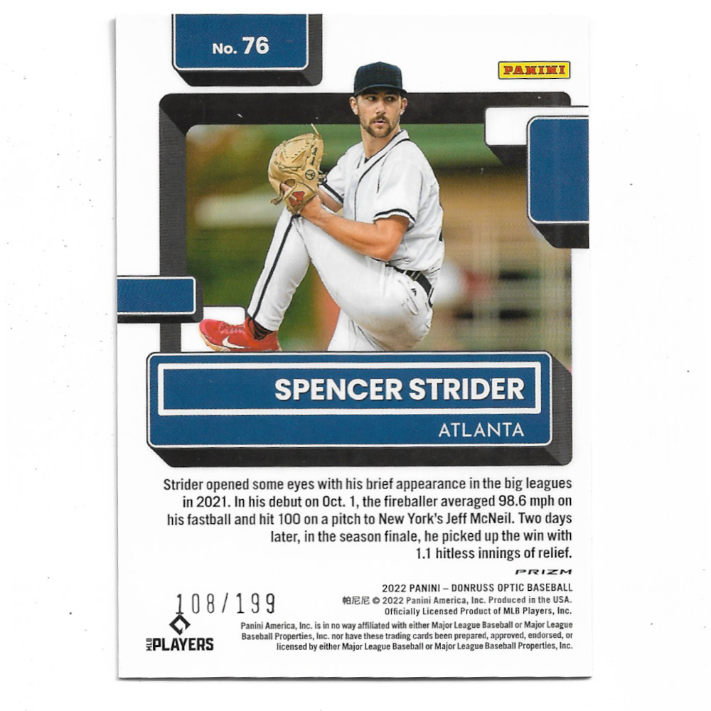 Spencer Strider Atlanta Braves 2022 Donruss Optic Red White & Blue Holo # 76 Rookie Card Ltd Ed of 199