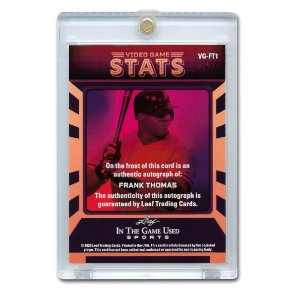 Frank Thomas Autographed Card 2025 Leaf In The Game Used Sports Video Game Stats # VG-FT1 Ltd Ed of 8
