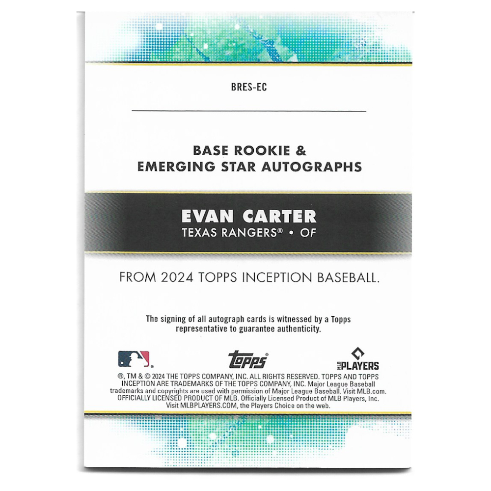Evan Carter Autographed 2024 Topps Inception Rookies & Emerging Stars # BRES-EC Rookie Card Ltd Ed of 299