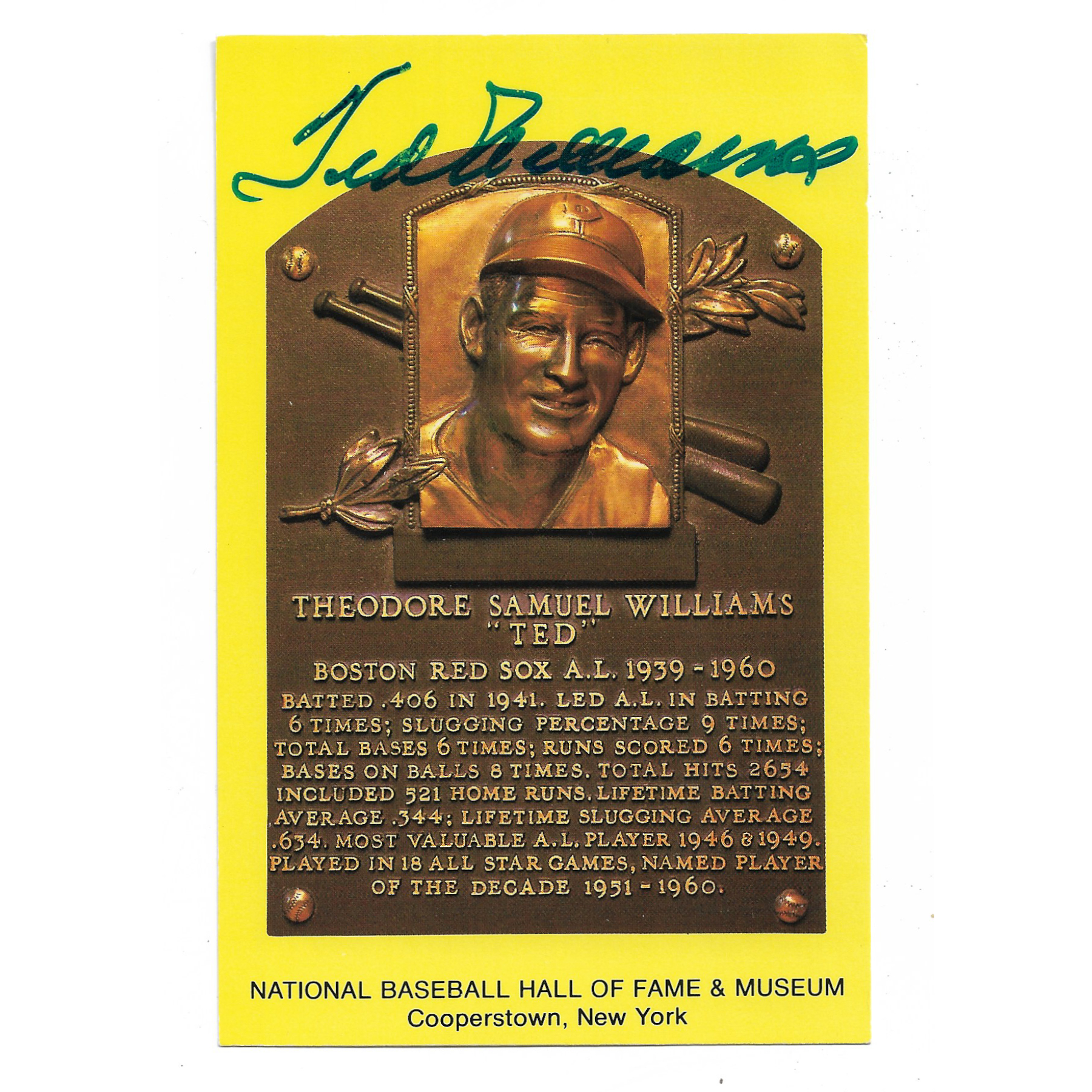 Ted Williams Autographed Hall of Fame Plaque Postcard (JSA-65)
