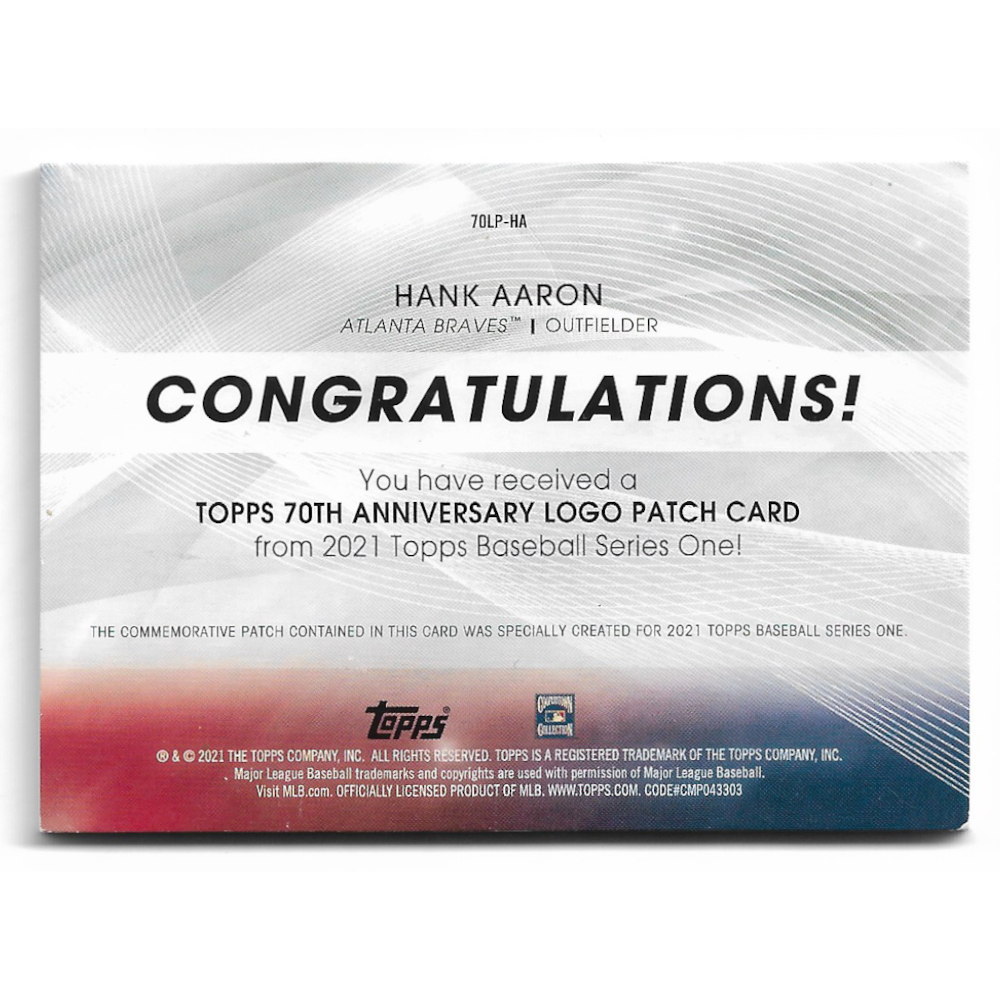 Hank Aaron 2021 Topps 70th Anniversary Logo Patch Relic # 70LP-HA