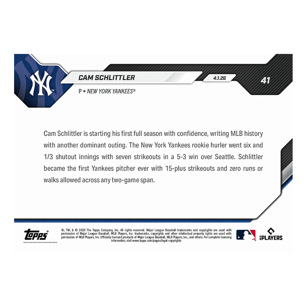 Cam Schlittler New York Yankees 2026 Topps Now # 41 Rookie Card