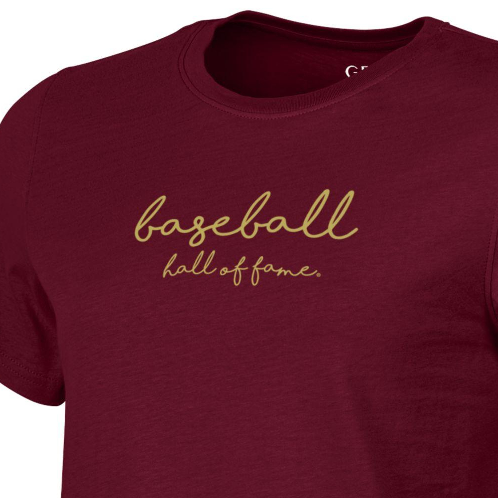 Women’s Baseball Hall of Fame Metallic Script Maroon Crew T-Shirt
