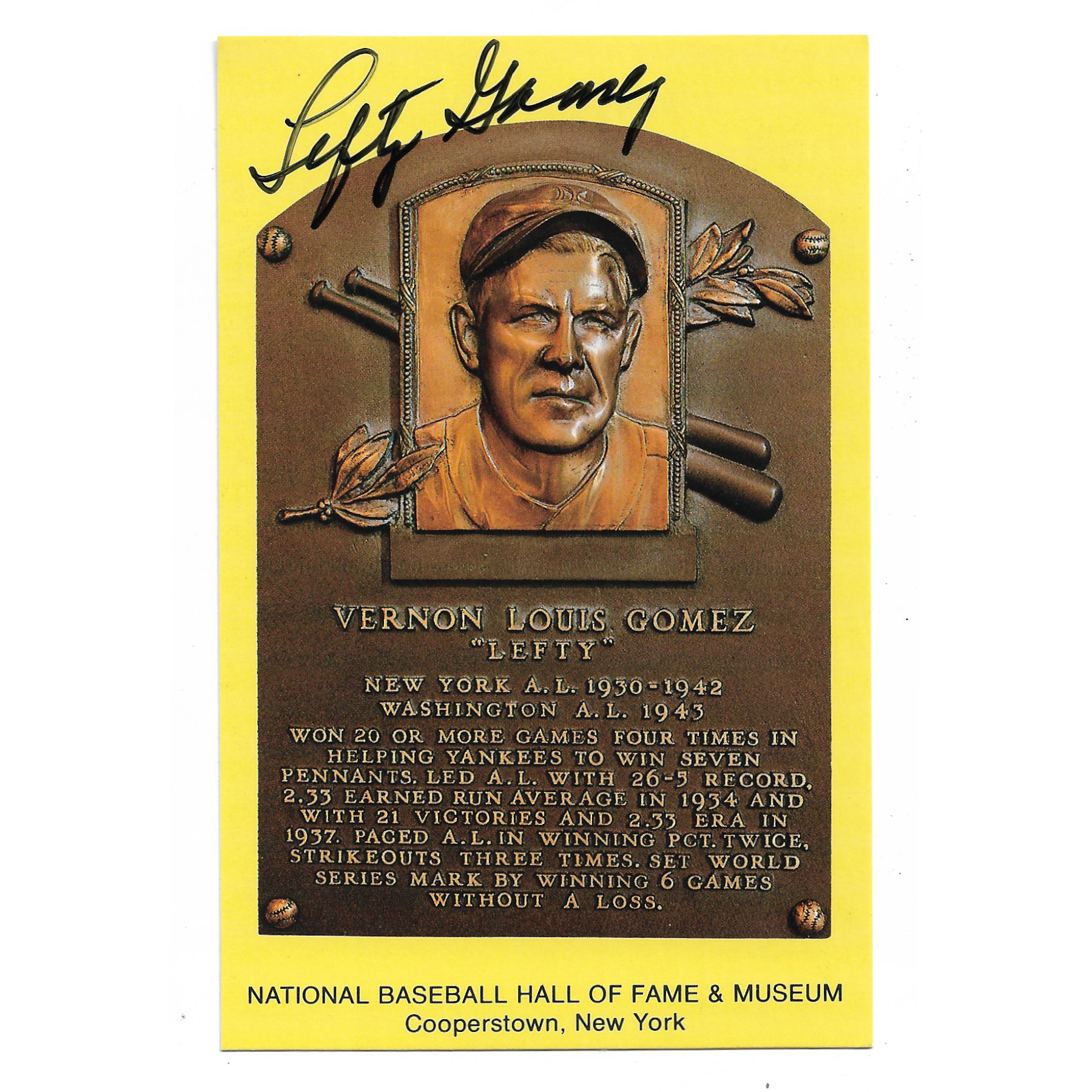 Lefty Gomez Autographed Hall of Fame Plaque Postcard (Beckett-35)