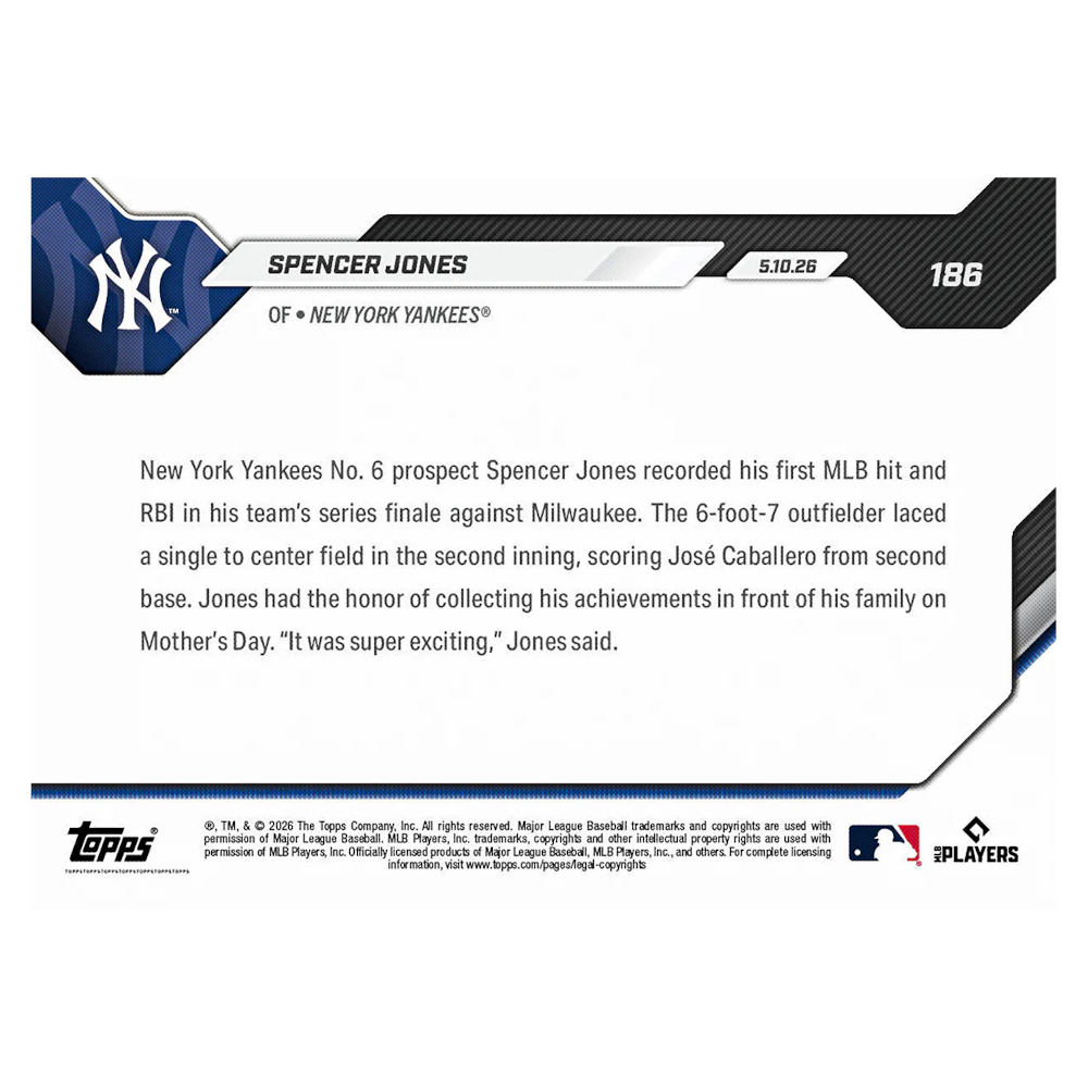 Spencer Jones New York Yankees 2026 Topps Now # 186 Rookie Card