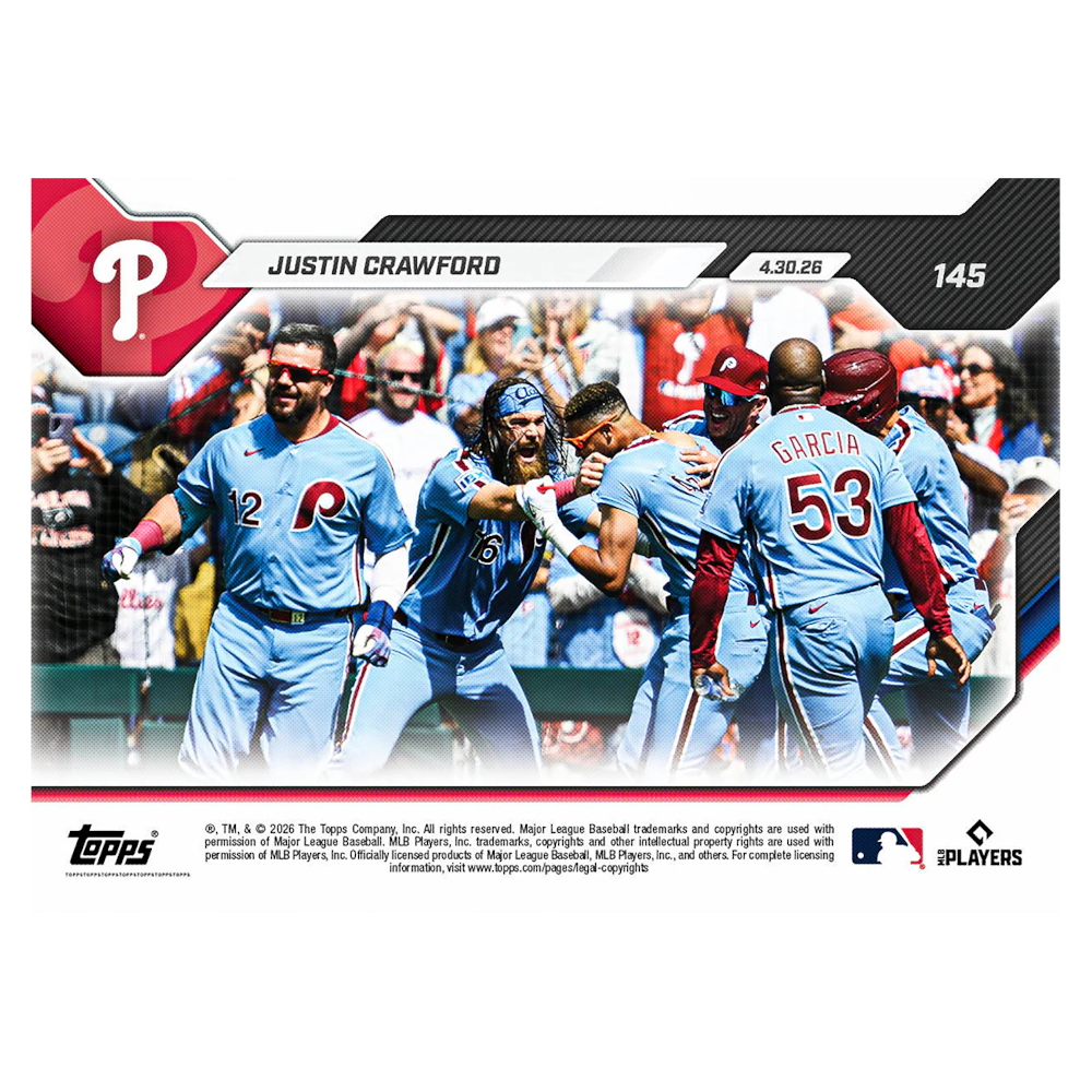 Justin Crawford Philadelphia Phillies 2026 Topps Now # 145 Rookie Card