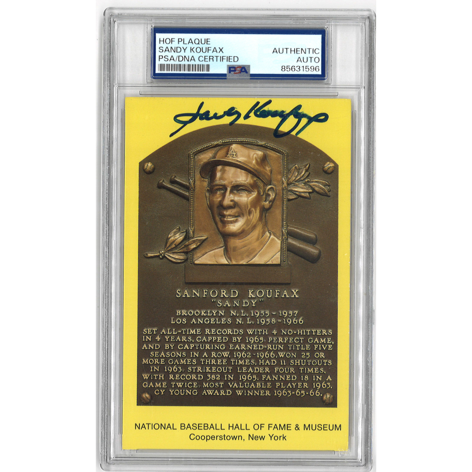 Sandy Koufax Autographed Hall of Fame Plaque Postcard (PSA-96)