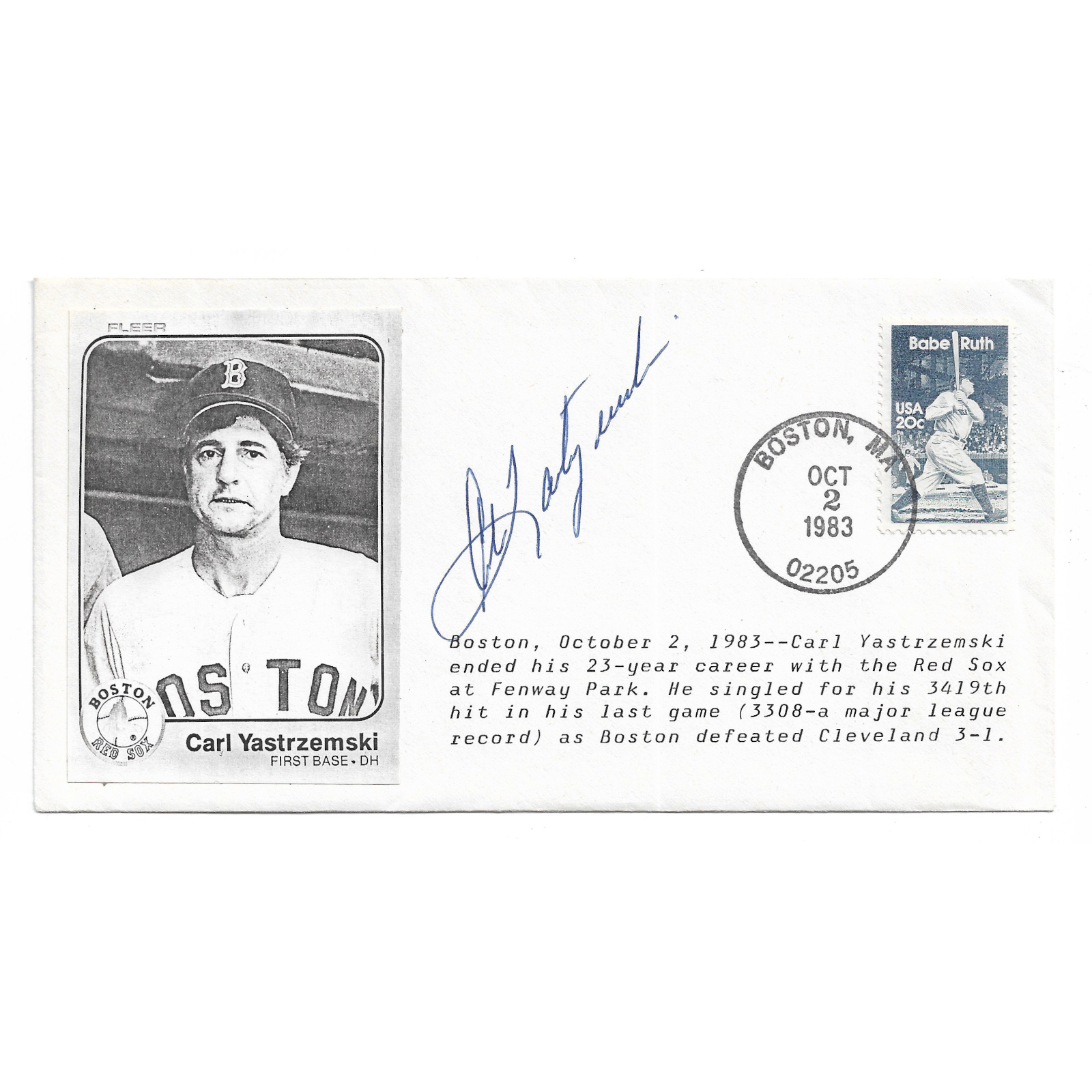 Carl Yastrzemski Autographed First Day Cover - 1983 Last Game