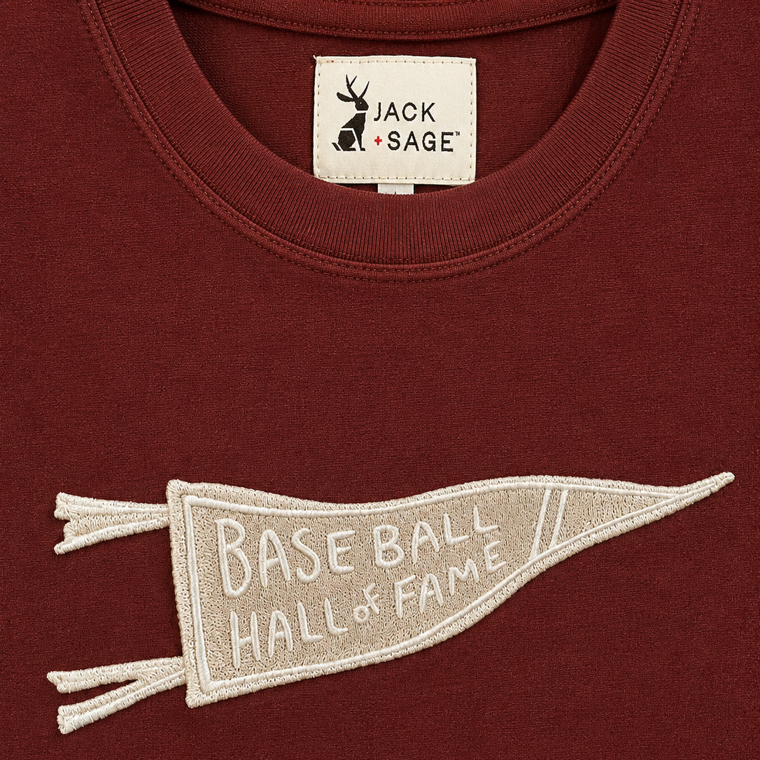 Men’s Baseball Hall of Fame Jack & Sage Embroidered Pennant Maroon T-Shirt
