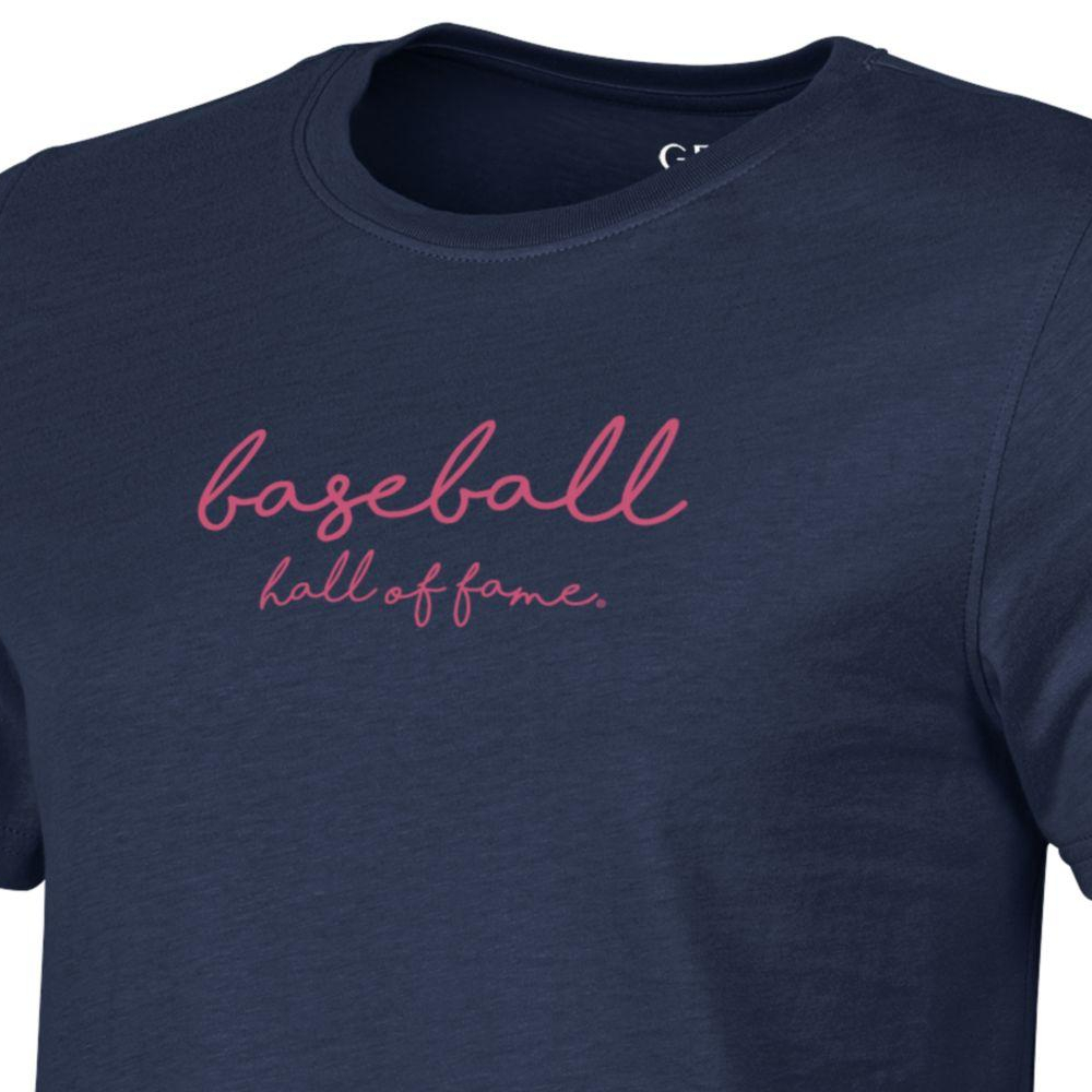 Women’s Baseball Hall of Fame Metallic Script Navy Crew T-Shirt