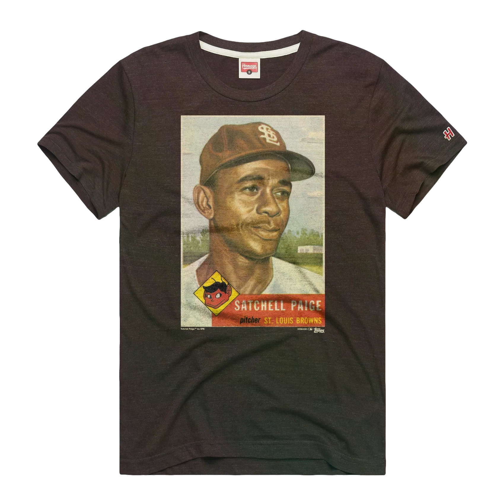 Men’s Homage 1953 Topps Baseball Satchel Paige Browns Brown T-Shirt