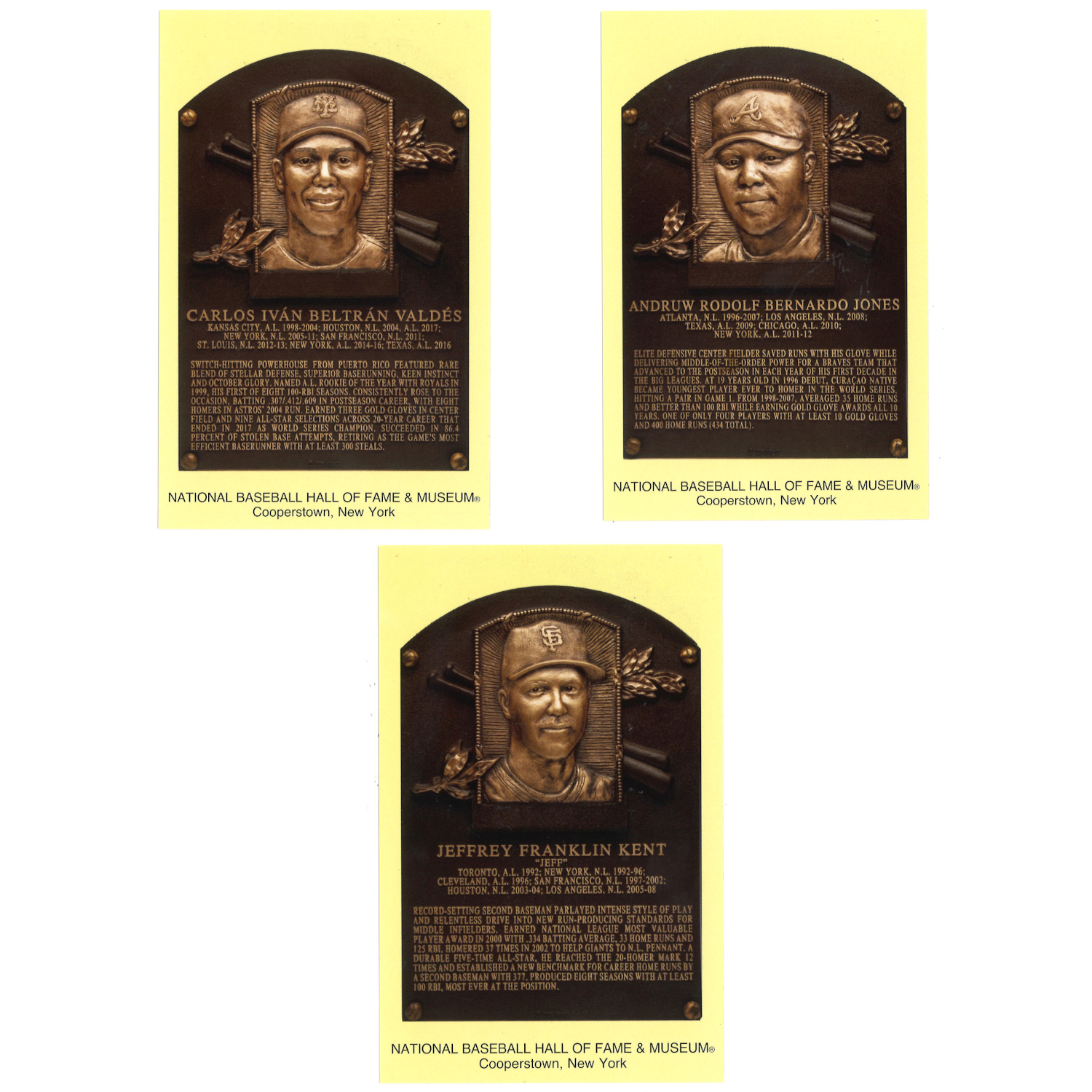 Class of 2026 Baseball Hall of Fame Plaque Postcard Set of 3 (Beltrán, Jones and Kent)