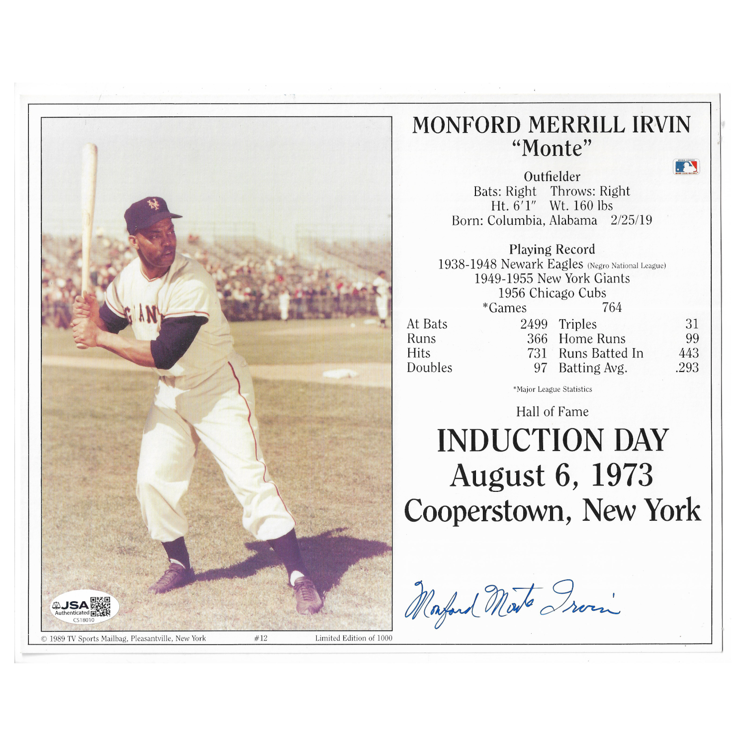 Monte Irvin Autographed 1979 Hall of Fame Induction 8x10 Photocard (JSA)