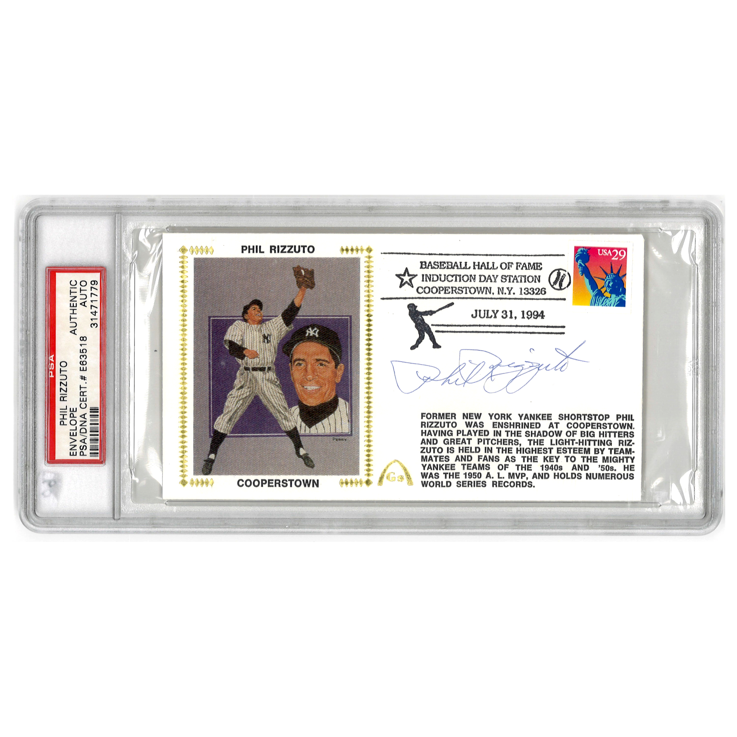 Phil Rizzuto Autographed First Day Cover - 1994 Hall of Fame Induction (PSA)